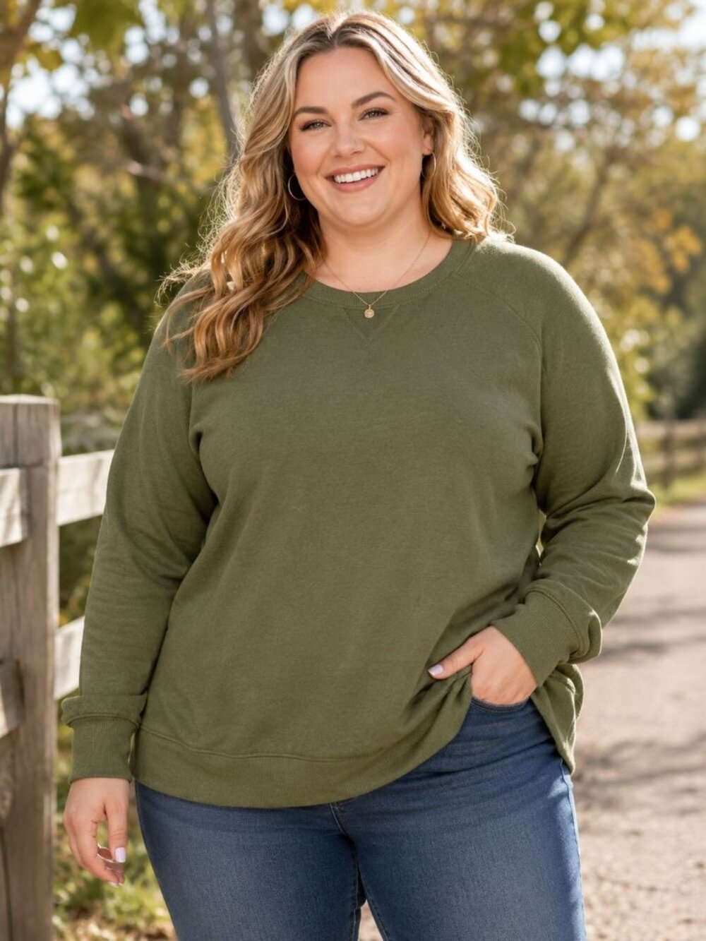 Terra & Sky Green Plus 2X Crewneck Sweatshirt Soft Blend Womens Casual Pullover